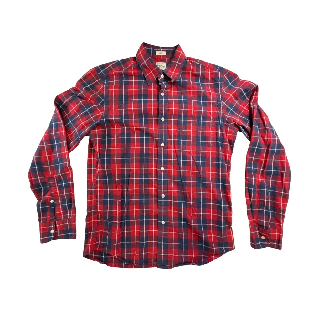 J. Crew Mens Slim Fit Plaid Button Down‎ Shirt Red Navy Blue Cotton Medium